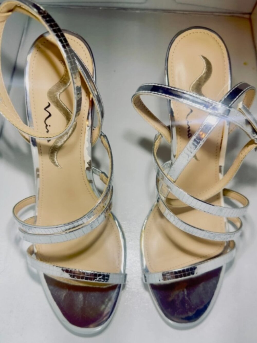Nina Silver Metallic Strappy Heels Size 8